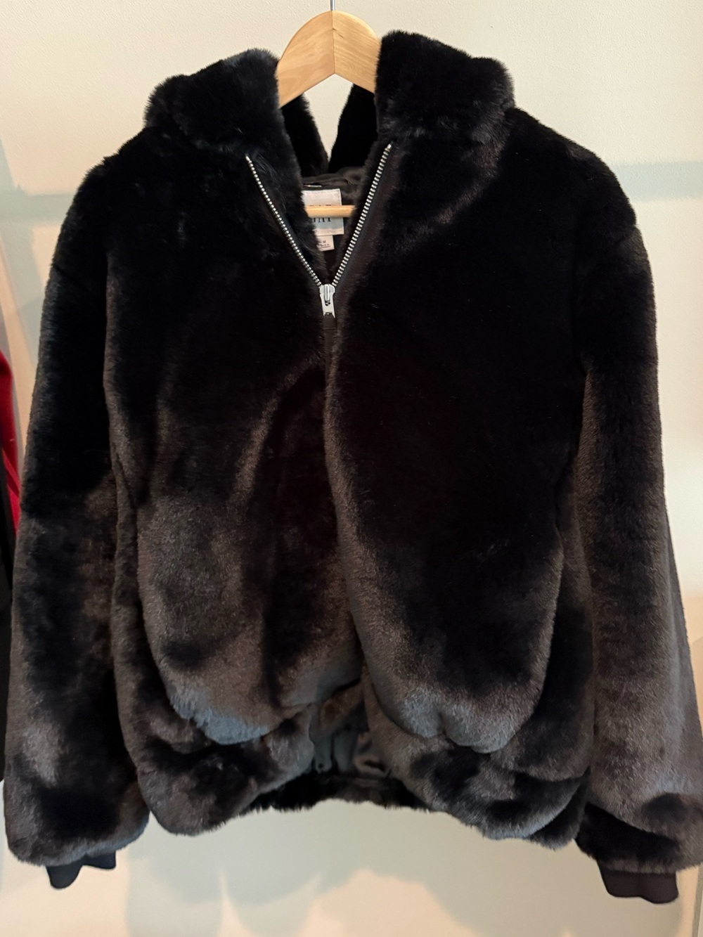 Womens, Black Faux Fur Zip-Front Jacket with hood, size M